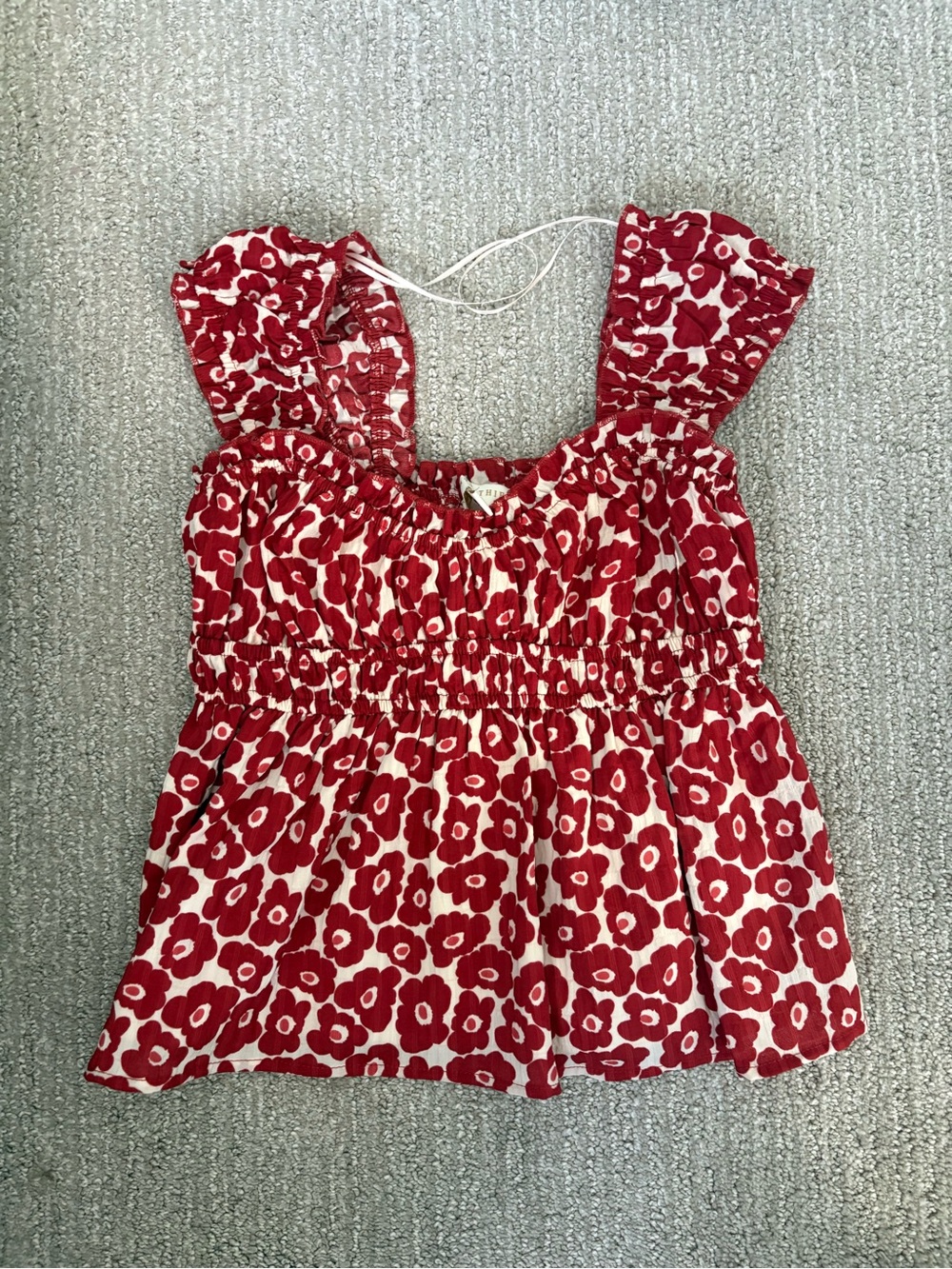 Thirty/Thirty Red and White Floral Smocked Tank with Ruffle Straps